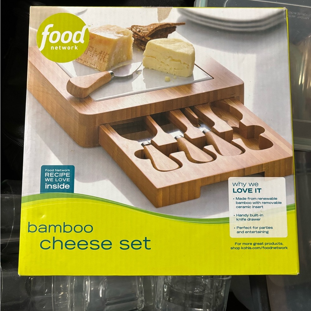 Kohl's Bamboo Cheese Set with Natural Wood and White Ceramic